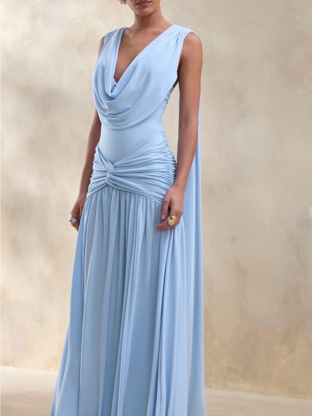 Amelisse | Powder Blue Plunge-Neck Maxi Dress With Ruched-Detailing - WORN ONCE🩵